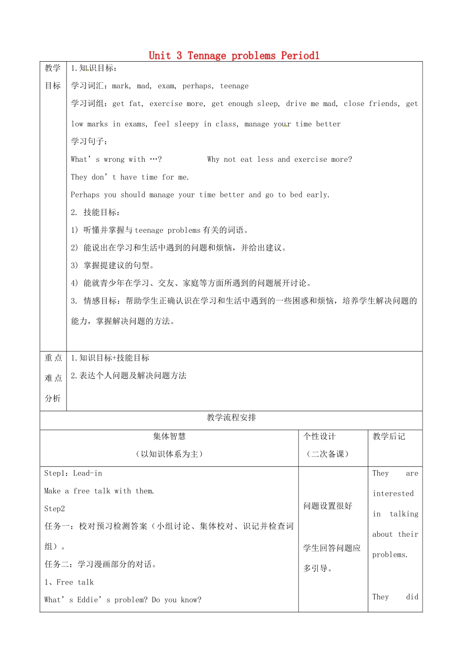 江苏省宿迁市宿豫县关庙镇中心学校九年级英语上册 Unit 3 Tennage problems Period1教案 牛津版_第1页