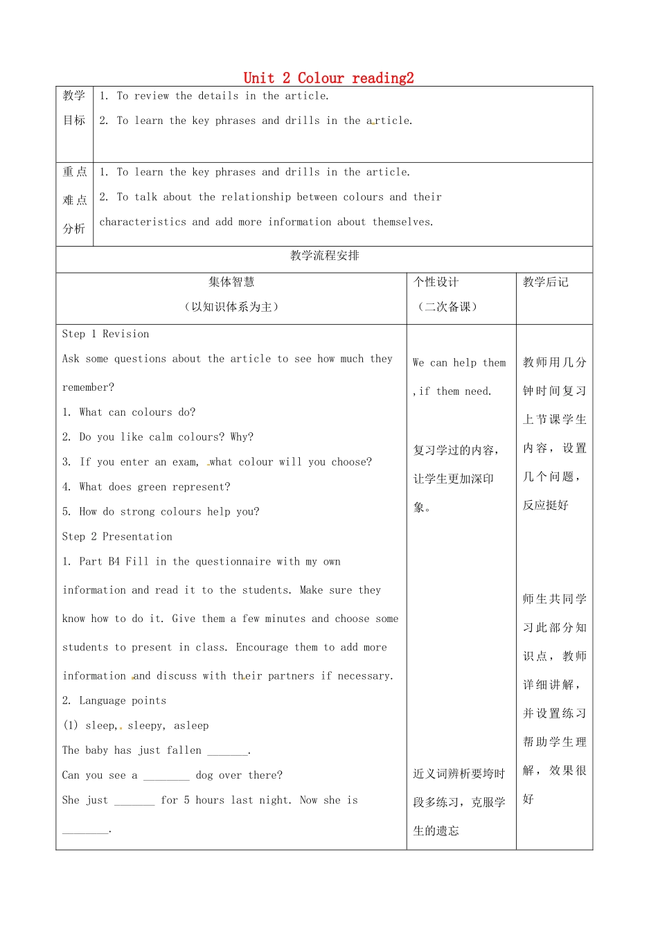 江苏省宿迁市宿豫县关庙镇中心学校九年级英语上册 Unit 2 Colour reading2教案 牛津版_第1页