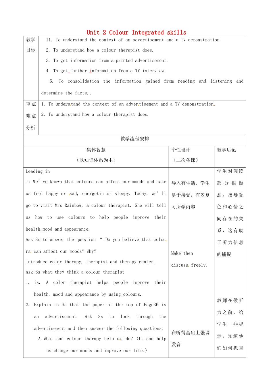 江苏省宿迁市宿豫县关庙镇中心学校九年级英语上册 Unit 2 Colour Integrated skills教案 牛津版_第1页