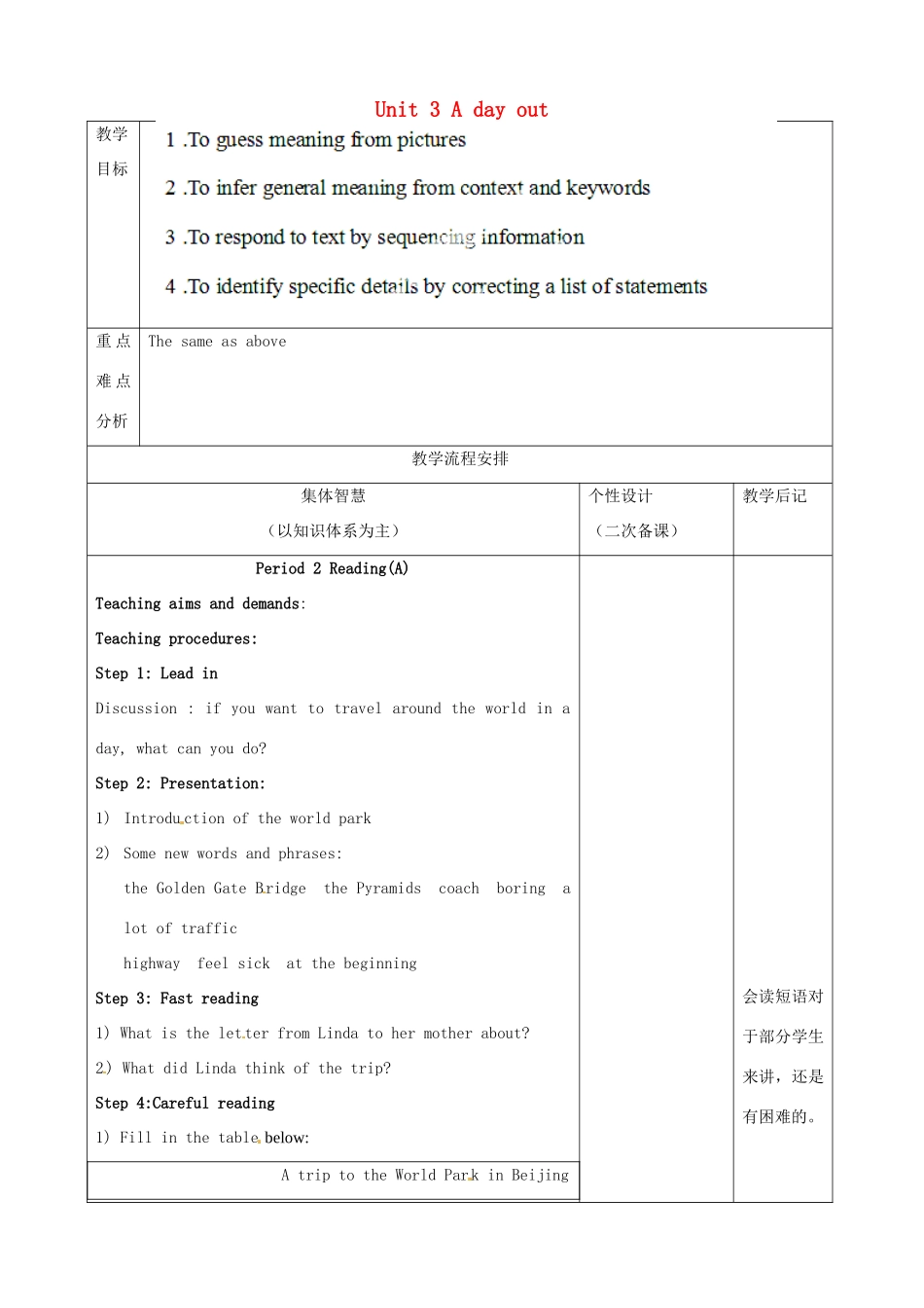 江苏省宿迁市宿豫区关庙初级中学八年级英语上册 Unit 3 A day out（第二课时）教案 牛津版_第1页