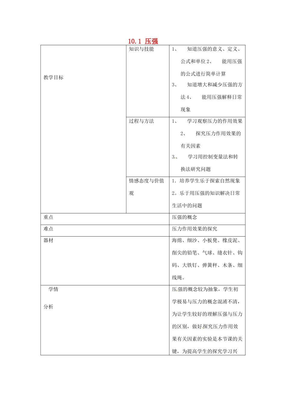 江苏省宿迁市宿城区中扬实验学校八年级物理下册 10.1 压强教案 苏科版_第1页