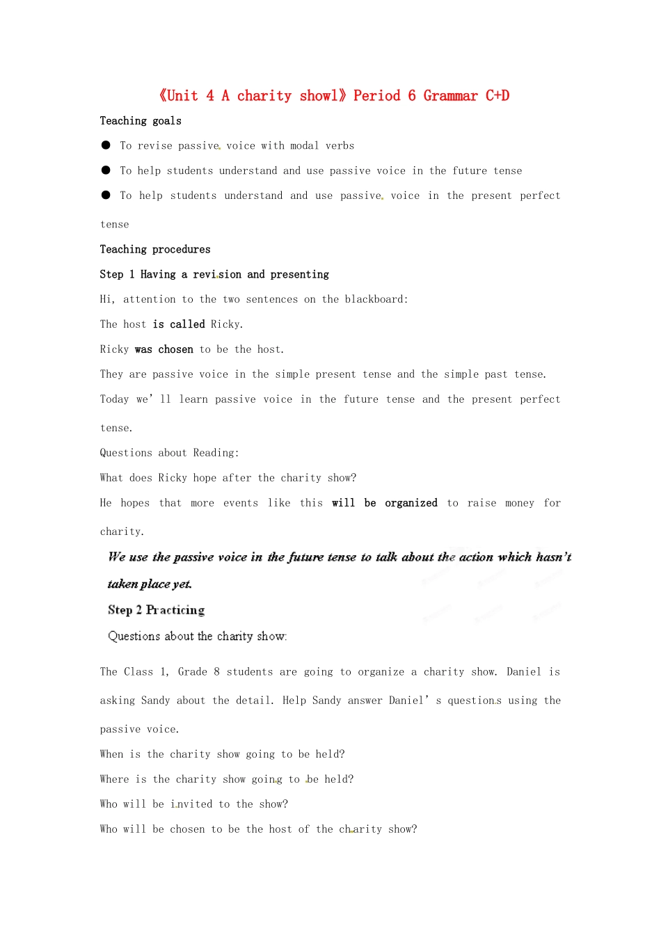 江苏省宜兴市屺亭中学八年级英语下册《Unit 4 A charity showl》Period 6 Grammar C+D教案 牛津版_第1页