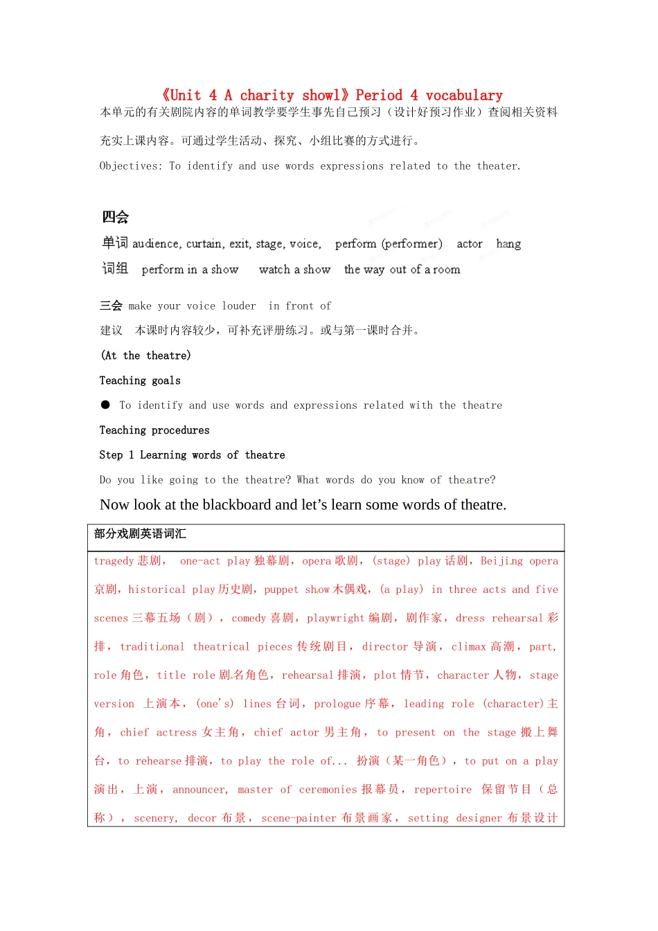 江苏省宜兴市屺亭中学八年级英语下册《Unit 4 A charity showl》Period 4 vocabulary教案 牛津版_第1页