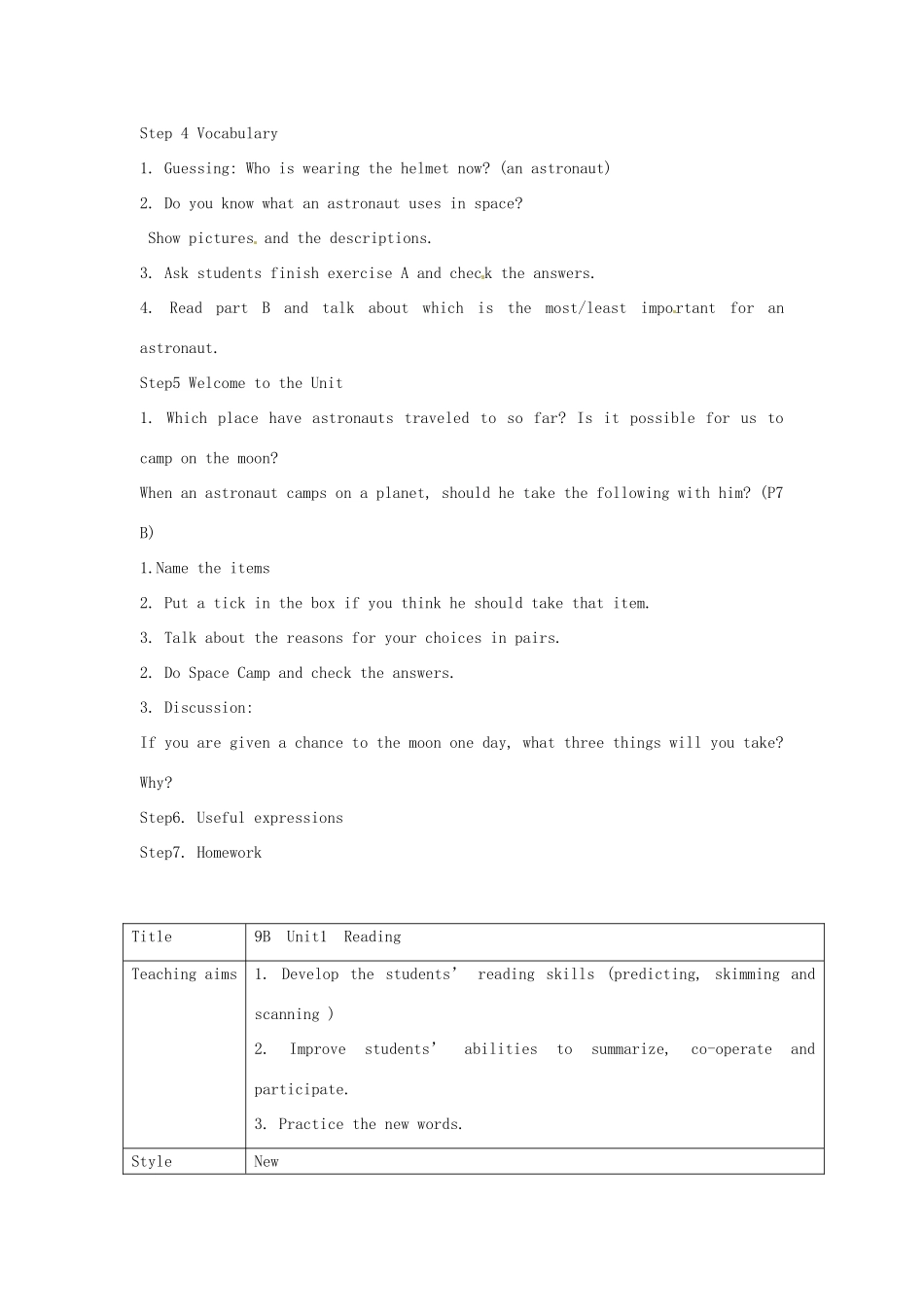 江苏省宜兴市屺亭中学九年级英语下册 9B《Unit 1 Life in Mars》Teaching plan教案 牛津版_第2页