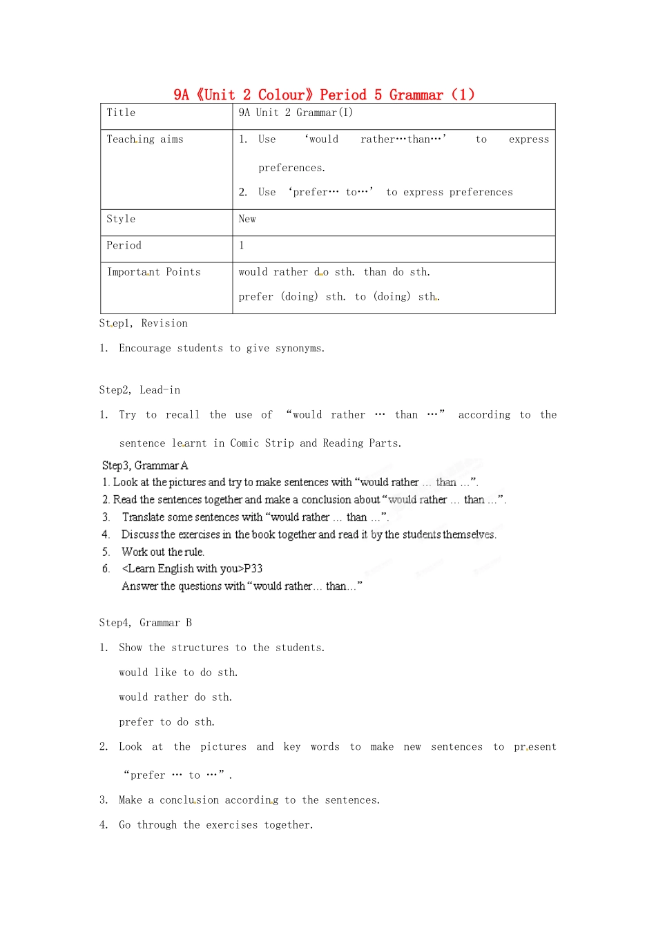 江苏省宜兴市屺亭中学九年级英语上册 9A《Unit 2 Colour》Period 5 Grammar（1）教案 牛津版_第1页