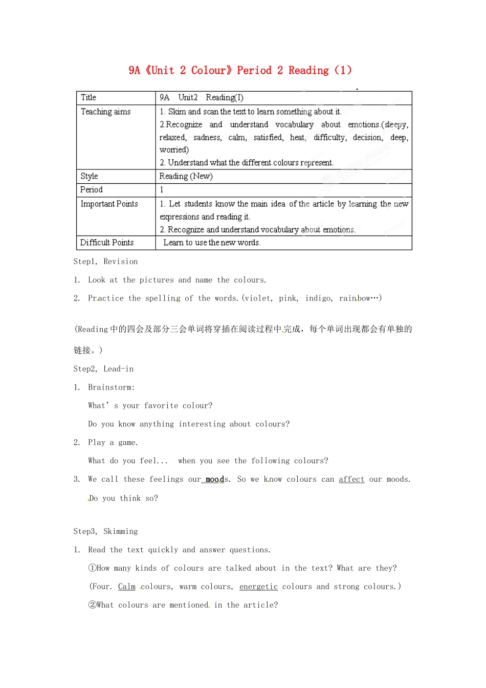 江苏省宜兴市屺亭中学九年级英语上册 9A《Unit 2 Colour》Period 2 Reading（1）教案 牛津版_第1页