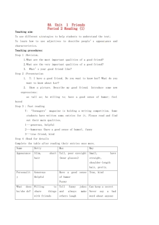 江苏省姜堰市大伦中学八年级英语《AU1 Reading1》教案