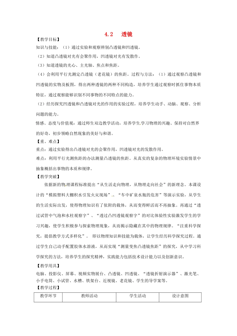 江苏省太仓市八年级物理上册 4.2 透镜教案 （新版）苏科版-（新版）苏科版初中八年级上册物理教案_第1页