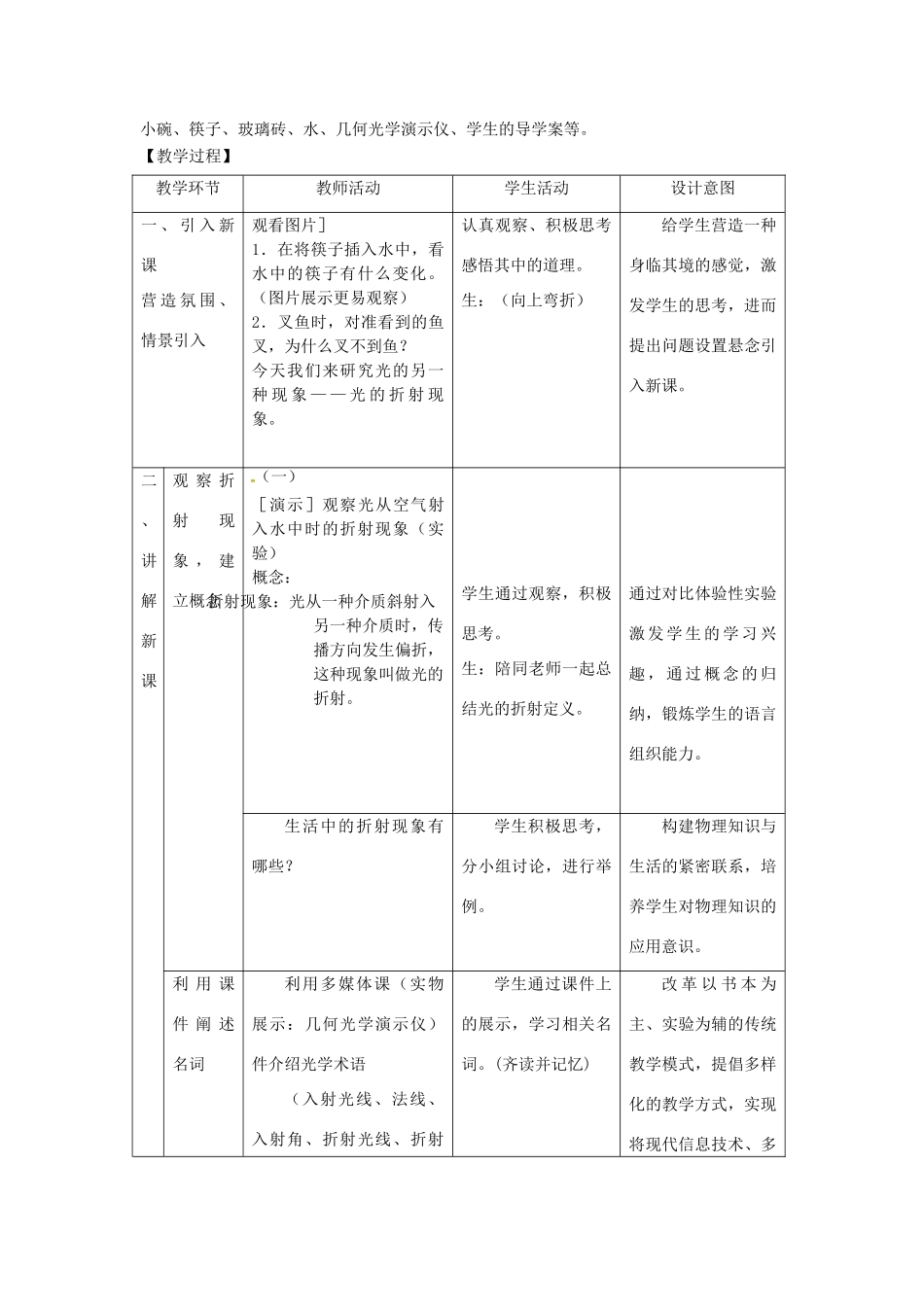 江苏省太仓市八年级物理上册 4.1 光的折射教案 （新版）苏科版-（新版）苏科版初中八年级上册物理教案_第2页