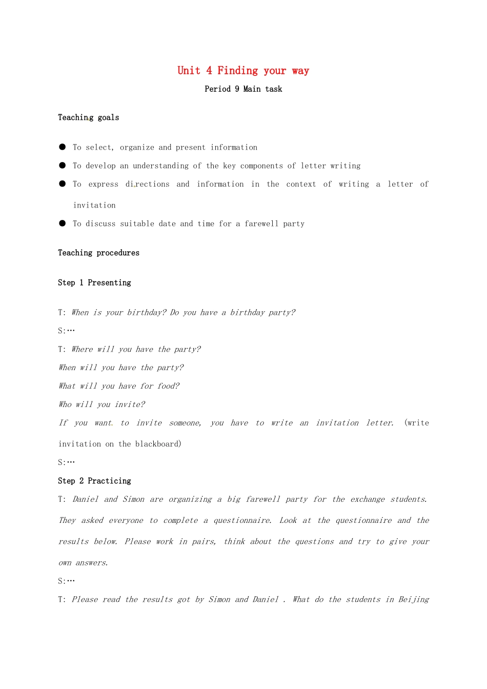 江苏省太仓市七年级英语下册 Unit 4 Finding your way Main task教案 （新版）牛津版-（新版）牛津版初中七年级下册英语教案_第1页