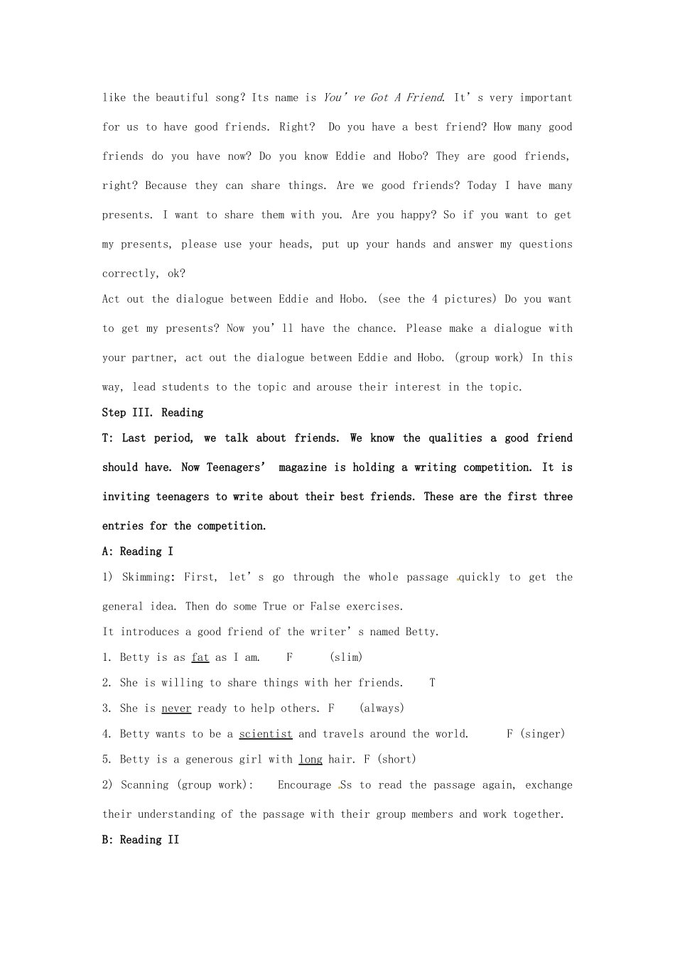 江苏省大丰市万盈二中八年级英语上册 Unit 1 Friends-The second period Reading 教案 牛津版_第2页