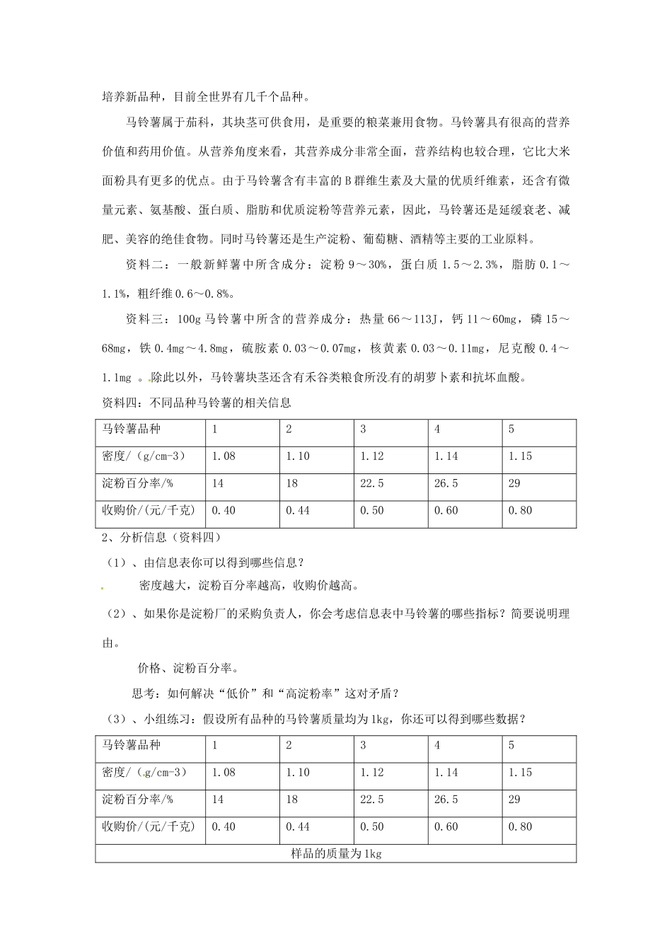 江苏省大丰市万盈二中八年级物理下册 综合实践活动《选择哪种马铃薯最合适》教学设计 苏科版_第2页
