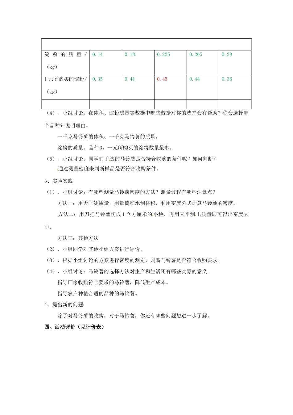 江苏省大丰市万盈二中八年级物理下册 综合实践活动《选择哪种马铃薯最合适》教学设计 苏科版_第3页