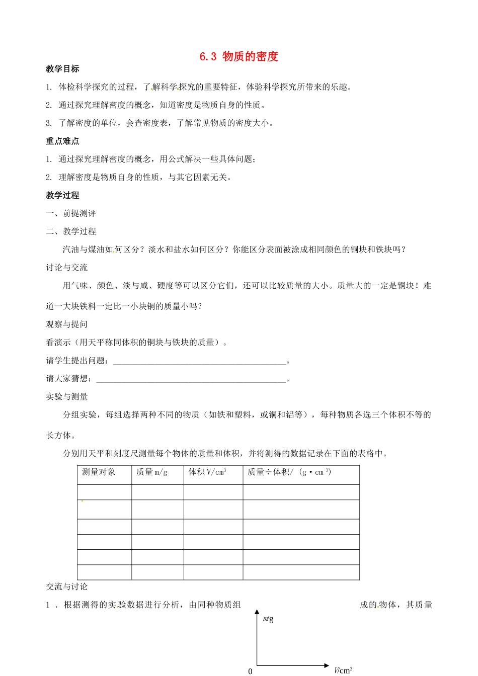 江苏省启东市陈兆民中学八年级物理上册 6.3 物质的密度教案 （新版）新人教版_第1页
