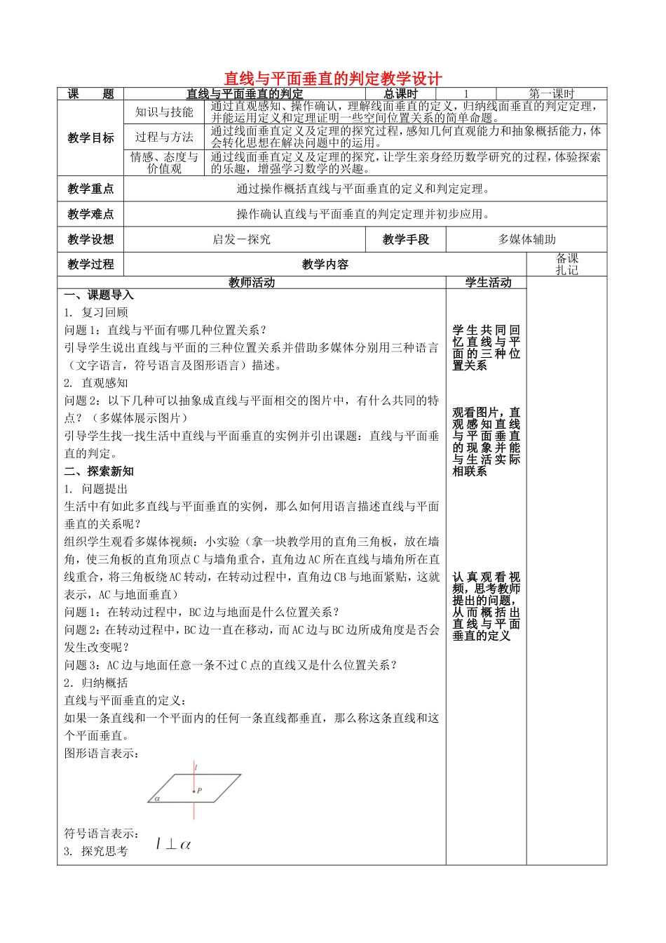 高中数学 第一章 立体几何初步 第6节 垂直关系 第一课时垂直关系的判定教学设计 新人教A版必修2-新人教A版高中必修2数学教案_第1页