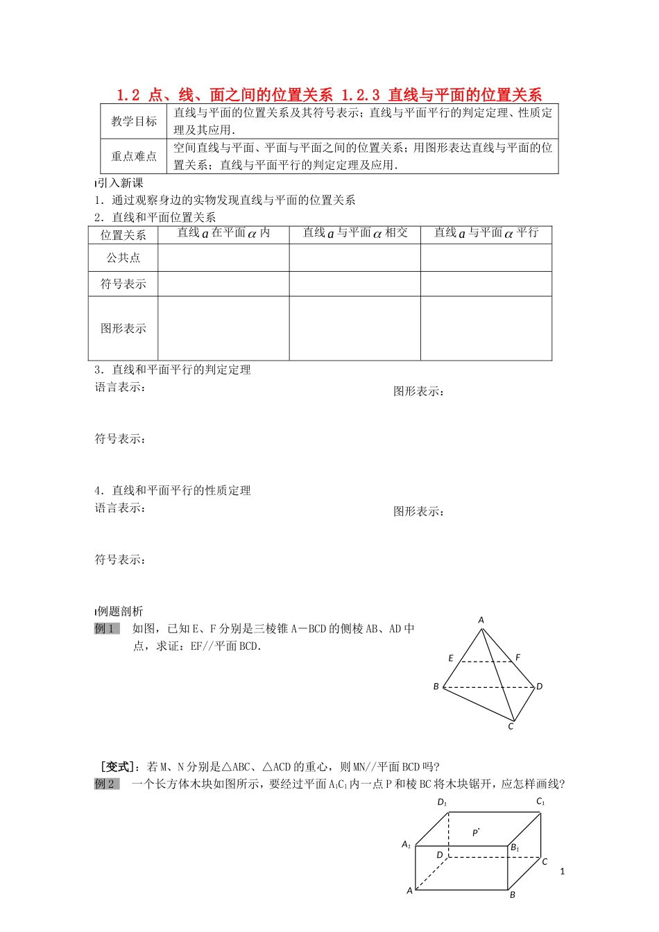 高中数学 第一章 立体几何初步 1.2 点、线、面之间的位置关系 1.2.3 直线与平面的位置关系教案1 苏教版必修2-苏教版高一必修2数学教案_第1页