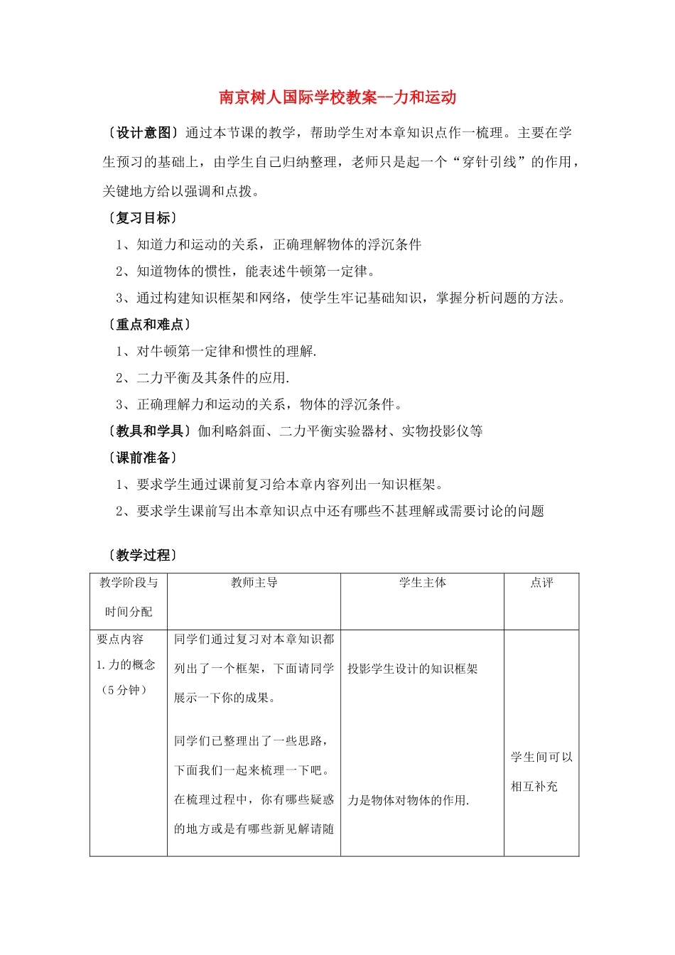 江苏省南京树人国际学校九年级物理中考教案(力和运动)_第1页