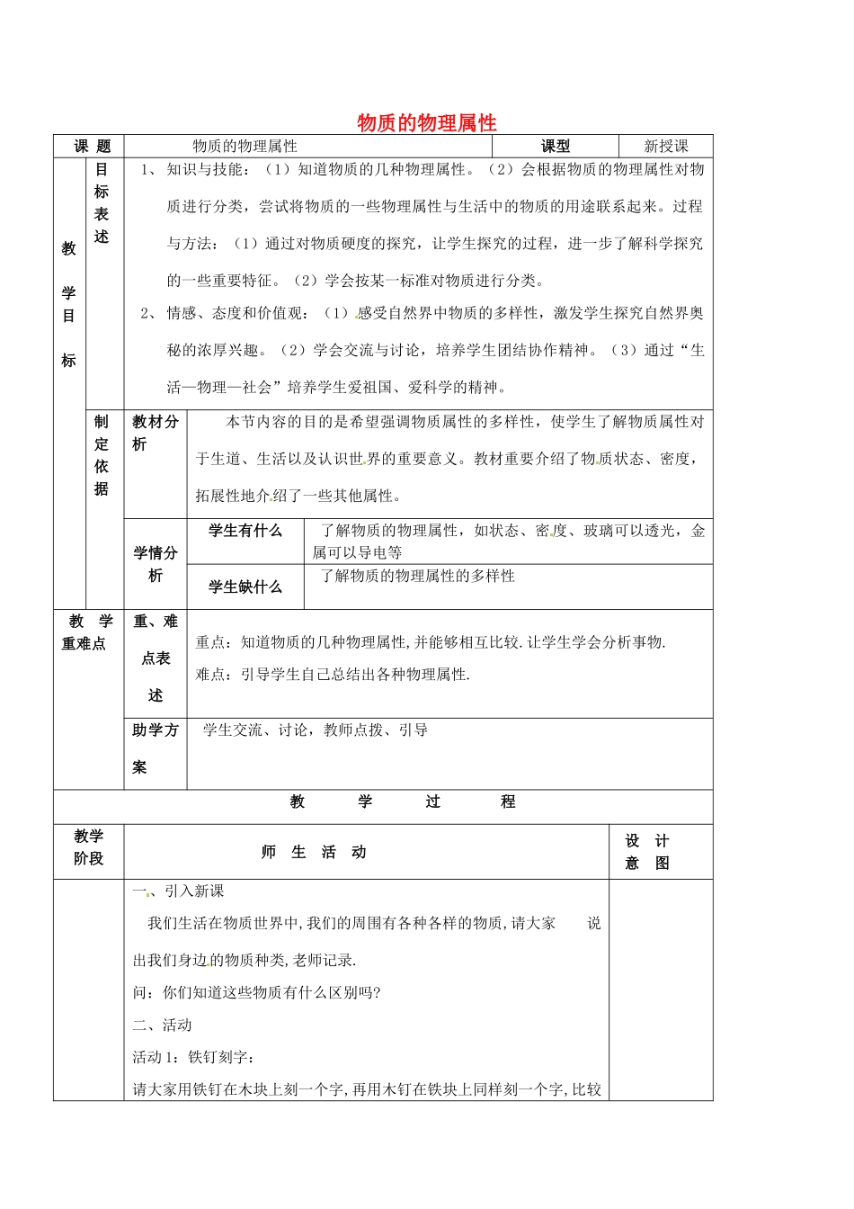 江苏省南京市溧水区孔镇中学八年级物理下册 第6章 第5节 物质的物理属性教案（无答案）（新版）苏科版_第1页