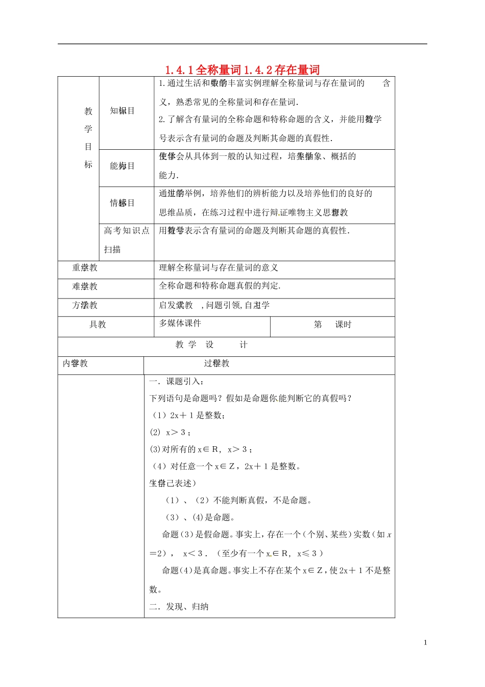 高中数学 第一章 常用逻辑用语 1.4.1-1.4.2 全称量词、存在量词教案 新人教A版选修2-1-新人教A版高二选修2-1数学教案_第1页