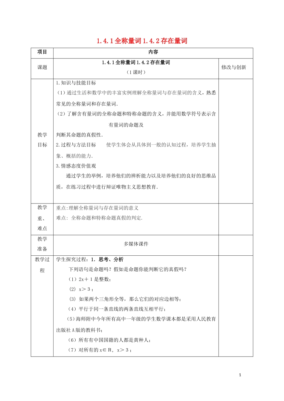 高中数学 第一章 常用逻辑用语 1.4 全称量词与存在量词 1.4.1 全称量词 1.4.2 存在量词教案 新人教A版选修1-1-新人教A版高二选修1-1数学教案_第1页