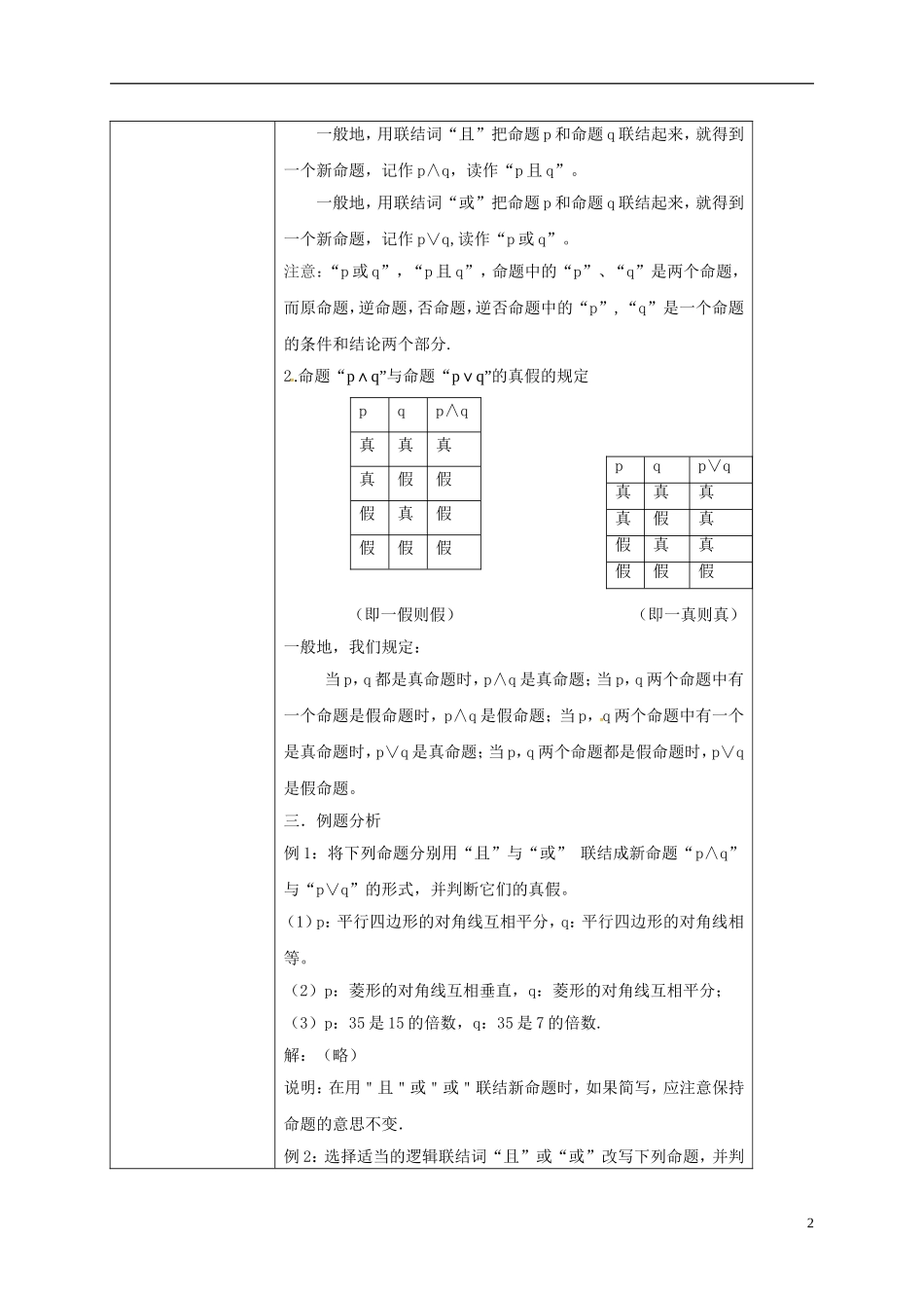 高中数学 第一章 常用逻辑用语 1.3.1-1.3.2 简单的逻辑联结词、且、或教案 新人教A版选修2-1-新人教A版高二选修2-1数学教案_第2页