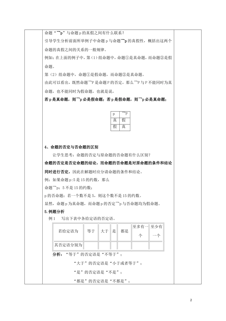 高中数学 第一章 常用逻辑用语 1.3 简单的逻辑联结词 1.3.3 非教案 新人教A版选修1-1-新人教A版高二选修1-1数学教案_第2页