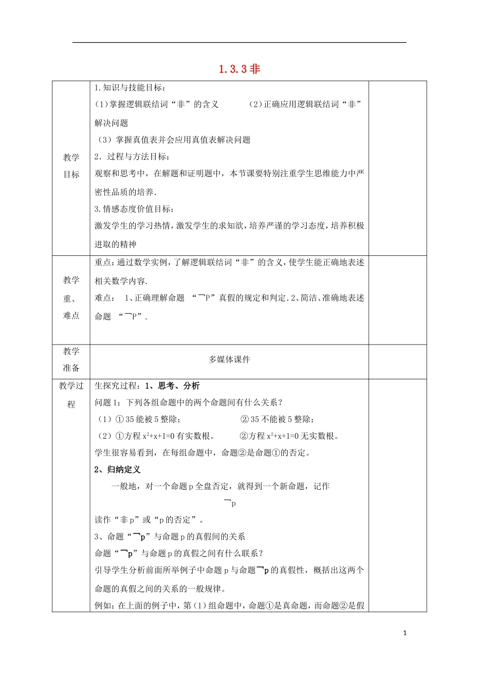 高中数学 第一章 常用逻辑用语 1.3 简单的逻辑联结词 1.3.3 非教案 文 新人教A版选修2-1-新人教A版高二选修2-1数学教案_第1页
