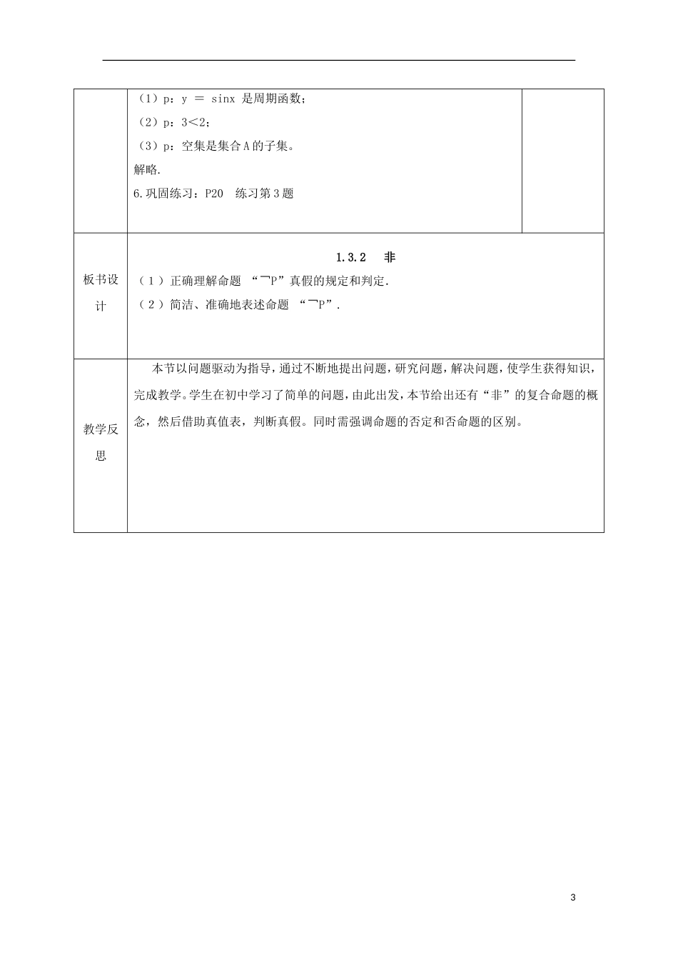高中数学 第一章 常用逻辑用语 1.3 简单的逻辑联结词 1.3.3 非教案 文 新人教A版选修2-1-新人教A版高二选修2-1数学教案_第3页