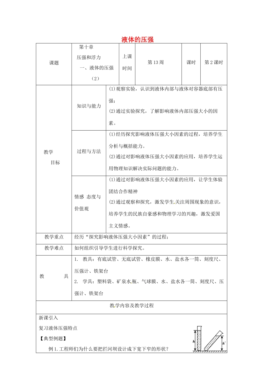 江苏省仪征市八年级物理下册 第十章 第二节 液体的压强教案2 （新版）苏科版-（新版）苏科版初中八年级下册物理教案_第1页