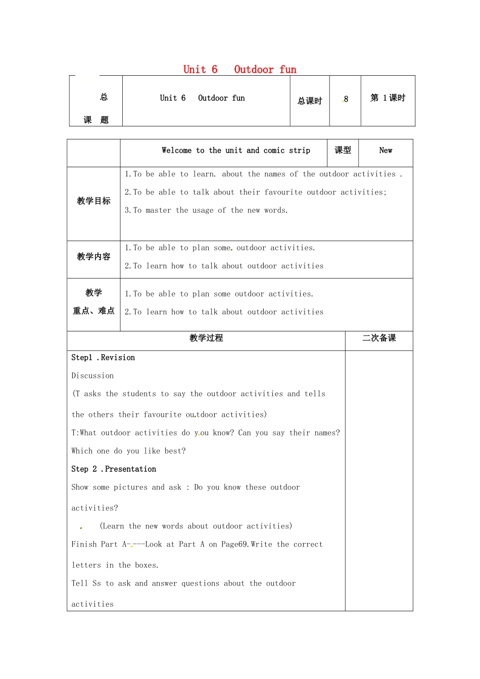 江苏省仪征市七年级英语下册 Unit 6 Outdoor fun（第1课时）教案 （新版）牛津版-（新版）牛津版初中七年级下册英语教案_第1页
