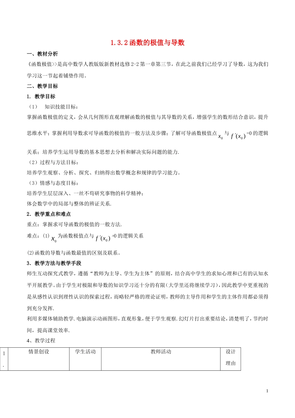 高中数学 第一章 导数及其应用 1.3.2 函数的极值与导数教案 新人教A版选修2-2-新人教A版高二选修2-2数学教案_第1页