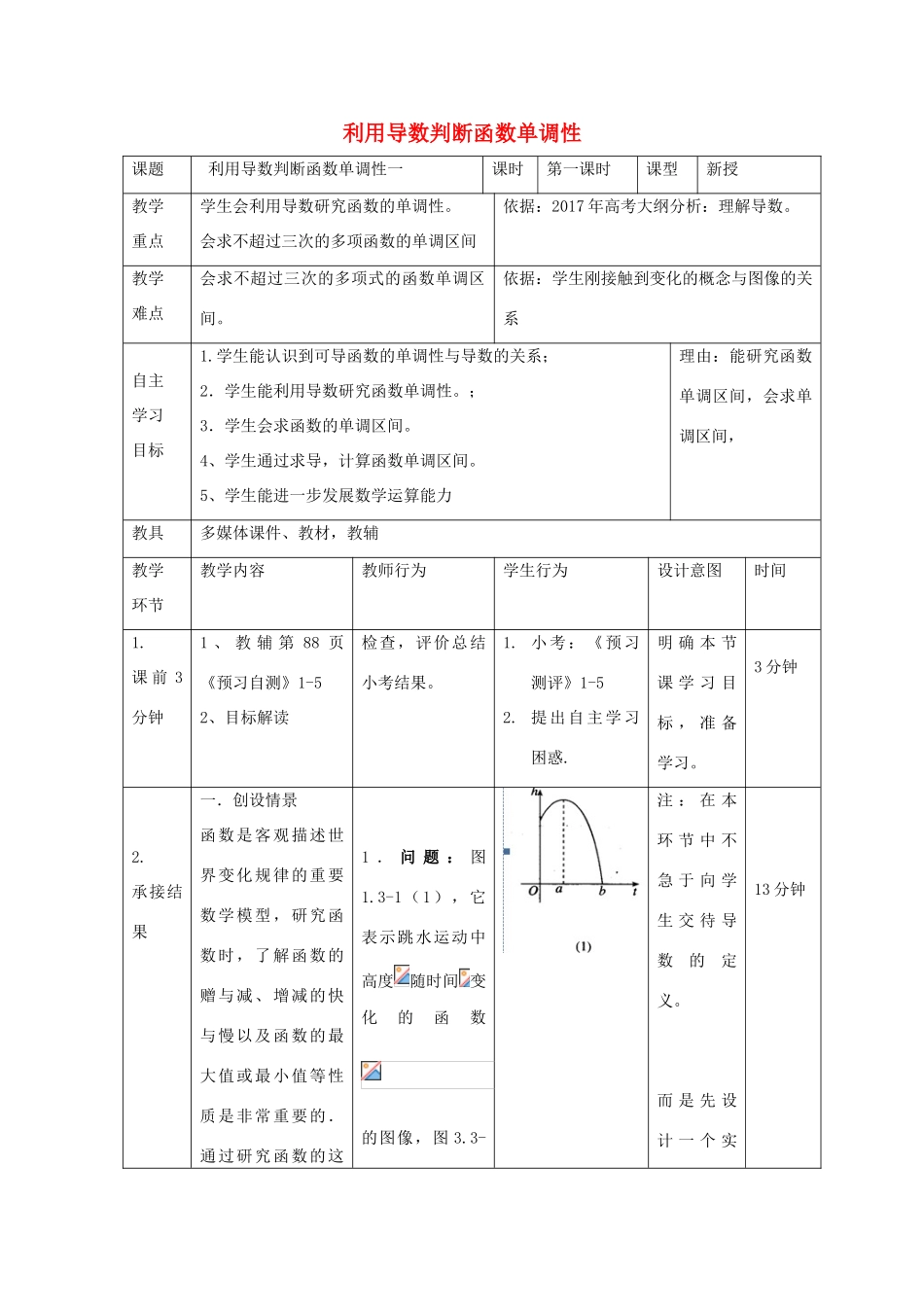 高中数学 第一章 导数及其应用 1.3 导数单调性（1）教案 新人教B版选修2-2-新人教B版高二选修2-2数学教案_第1页