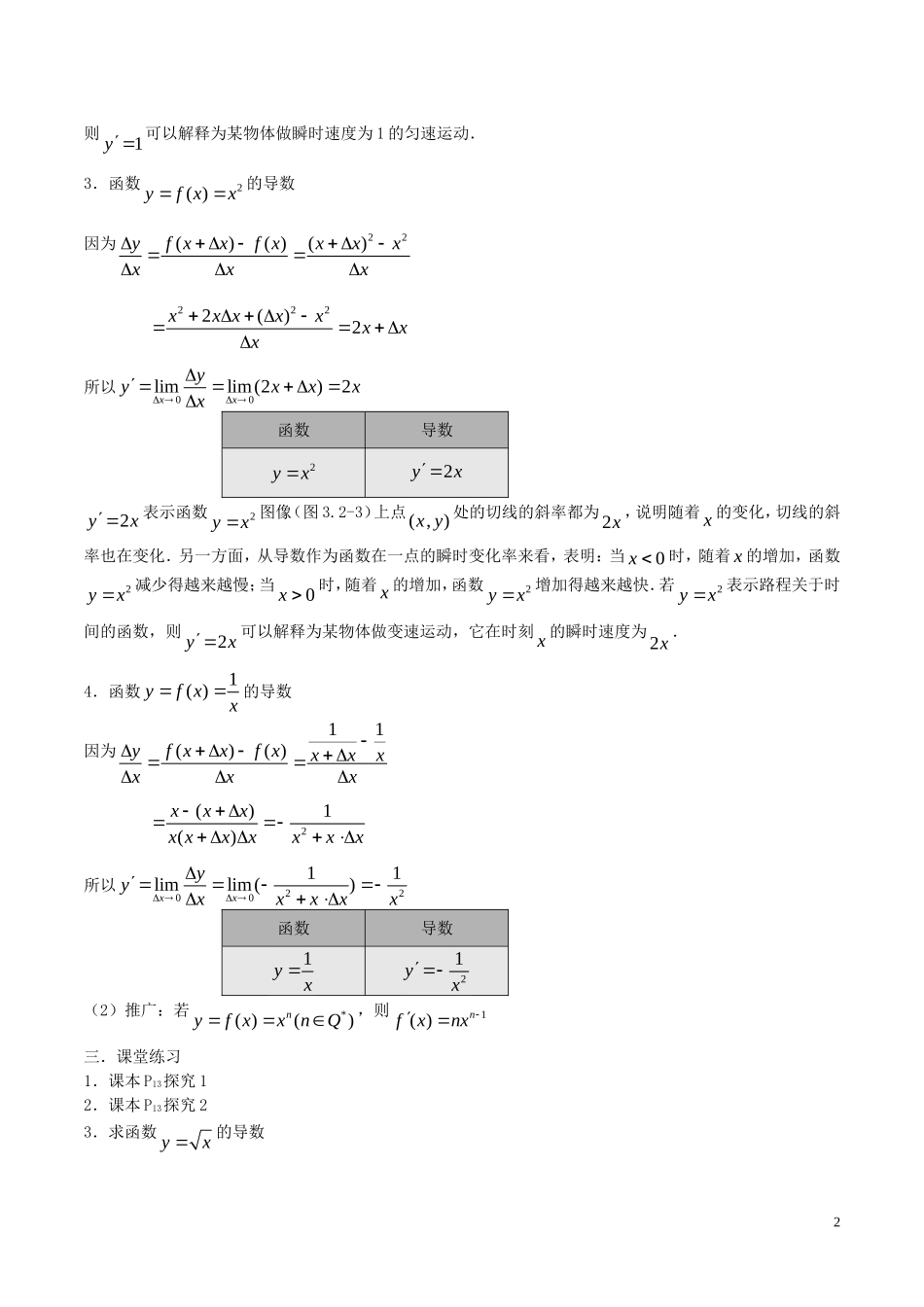 高中数学 第一章 导数及其应用 1.2.1 几个常用函数的导数教案 新人教A版选修2-2-新人教A版高二选修2-2数学教案_第2页