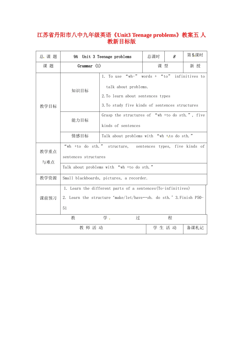 江苏省丹阳市八中九年级英语《Unit3 Teenage problems》教案五 人教新目标版_第1页