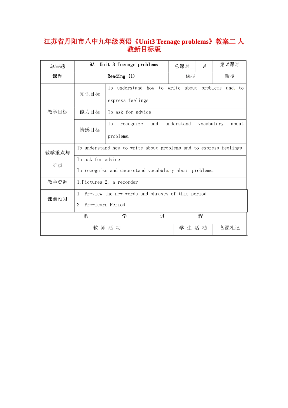 江苏省丹阳市八中九年级英语《Unit3 Teenage problems》教案二 人教新目标版_第1页