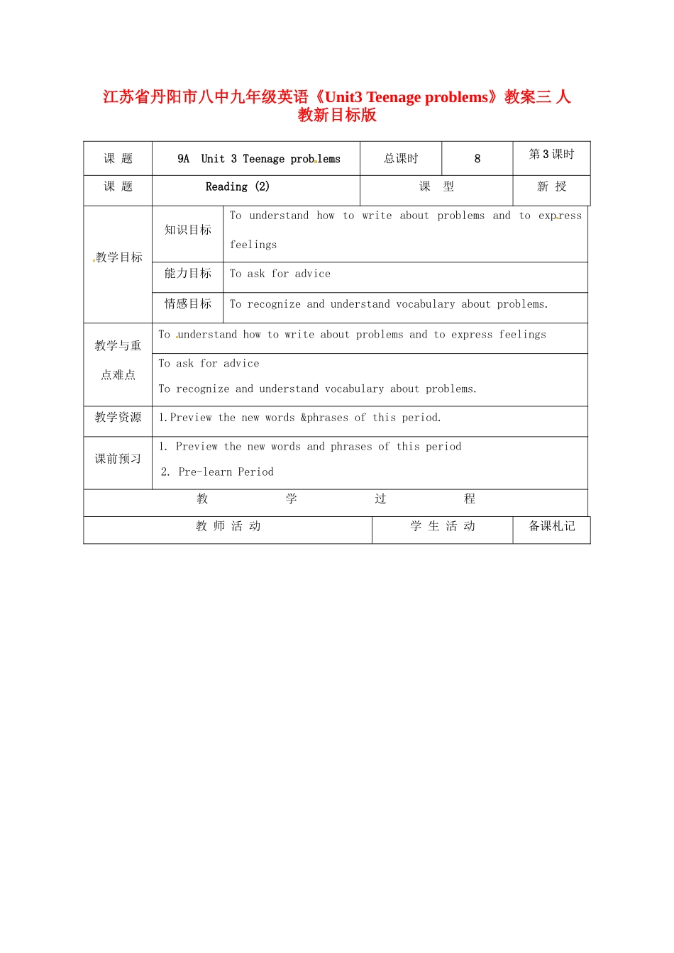 江苏省丹阳市八中九年级英语《Unit3 Teenage problems》教案三 人教新目标版_第1页