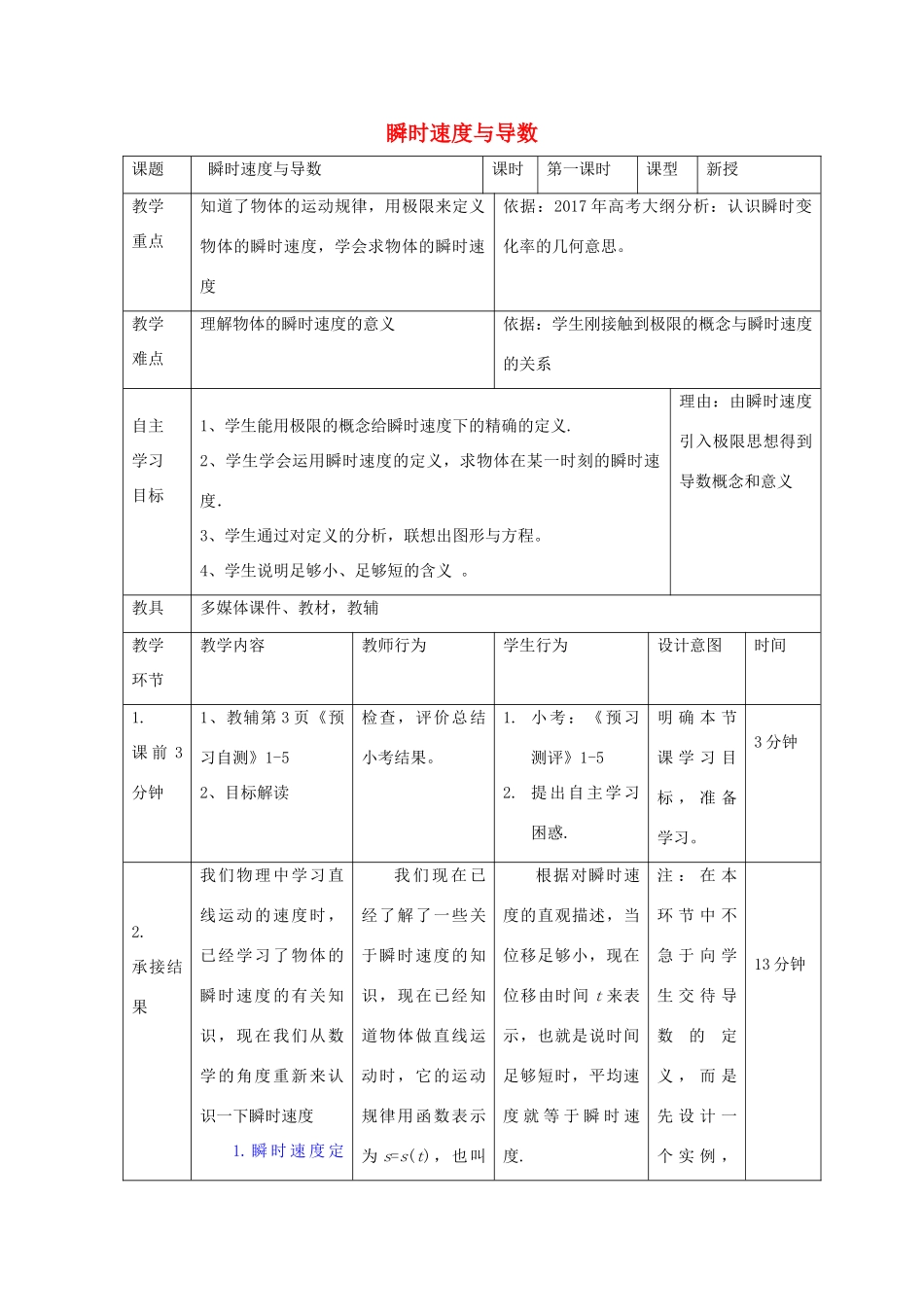 高中数学 第一章 导数及其应用 1.1 瞬时速度与导数教案 新人教B版选修2-2-新人教B版高二选修2-2数学教案_第1页