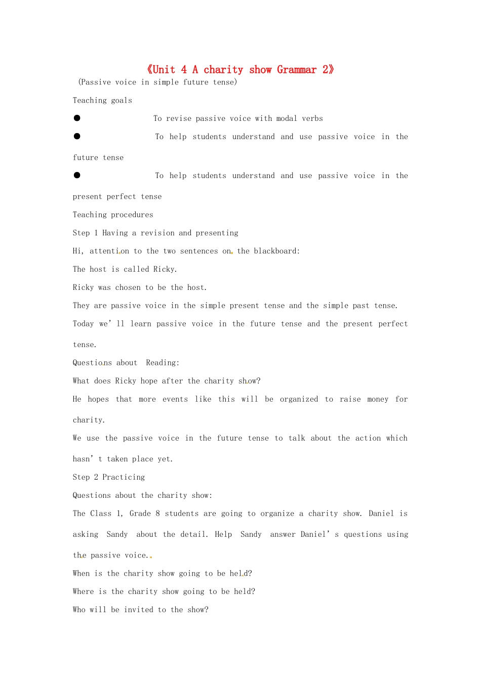 江苏省东台市唐洋镇中学八年级英语下册《Unit 4 A charity show Grammar 2》教案 牛津版_第1页