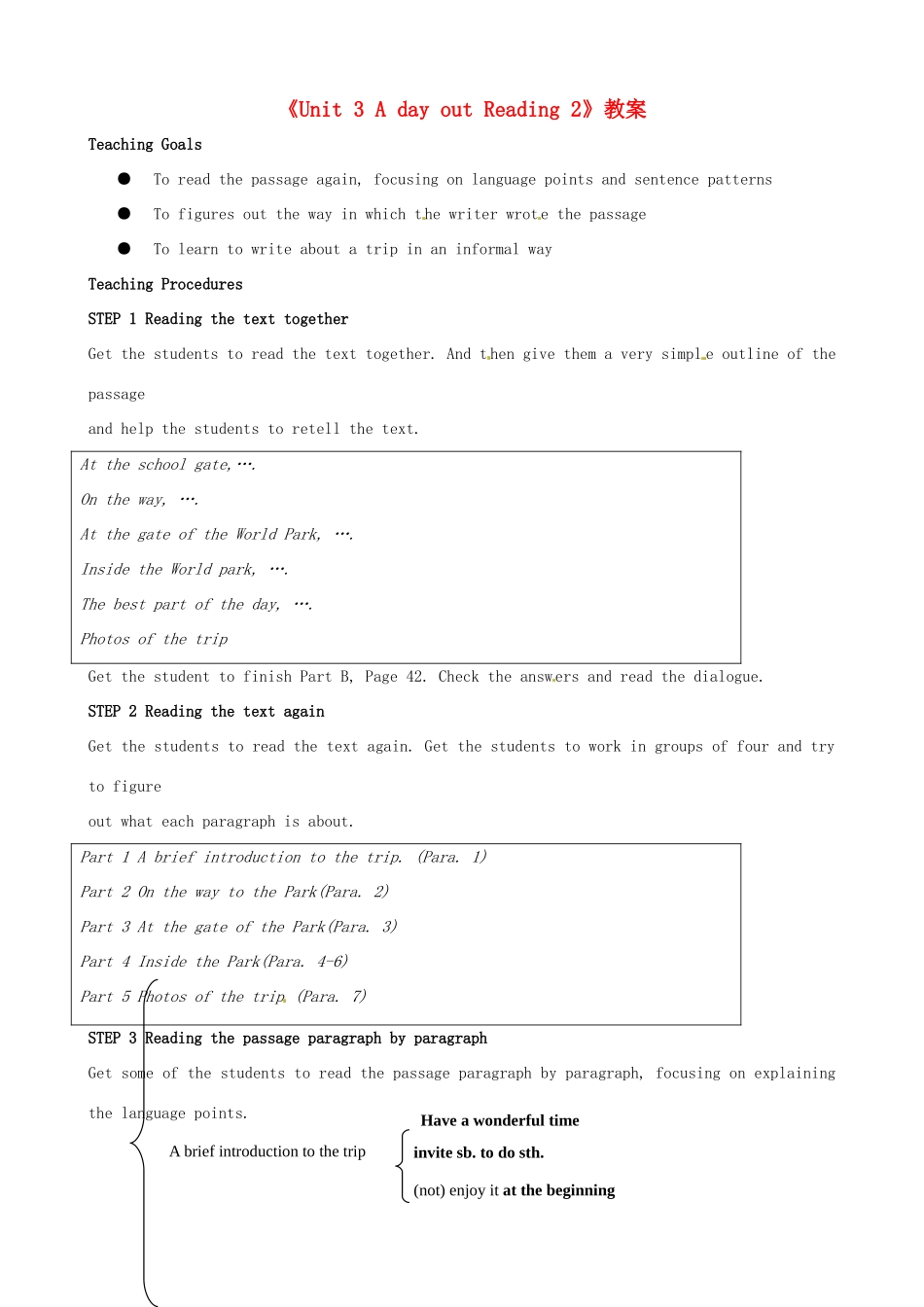 江苏省东台市唐洋镇中学八年级英语上册《Unit 3 A day out Reading 2》教案 牛津版_第1页