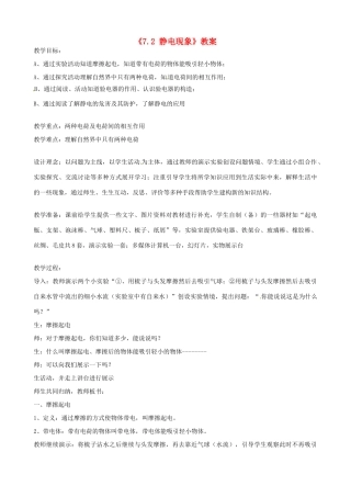 江苏省东台市唐洋镇中学八年级物理下册《7.2 静电现象》教案 新人教版