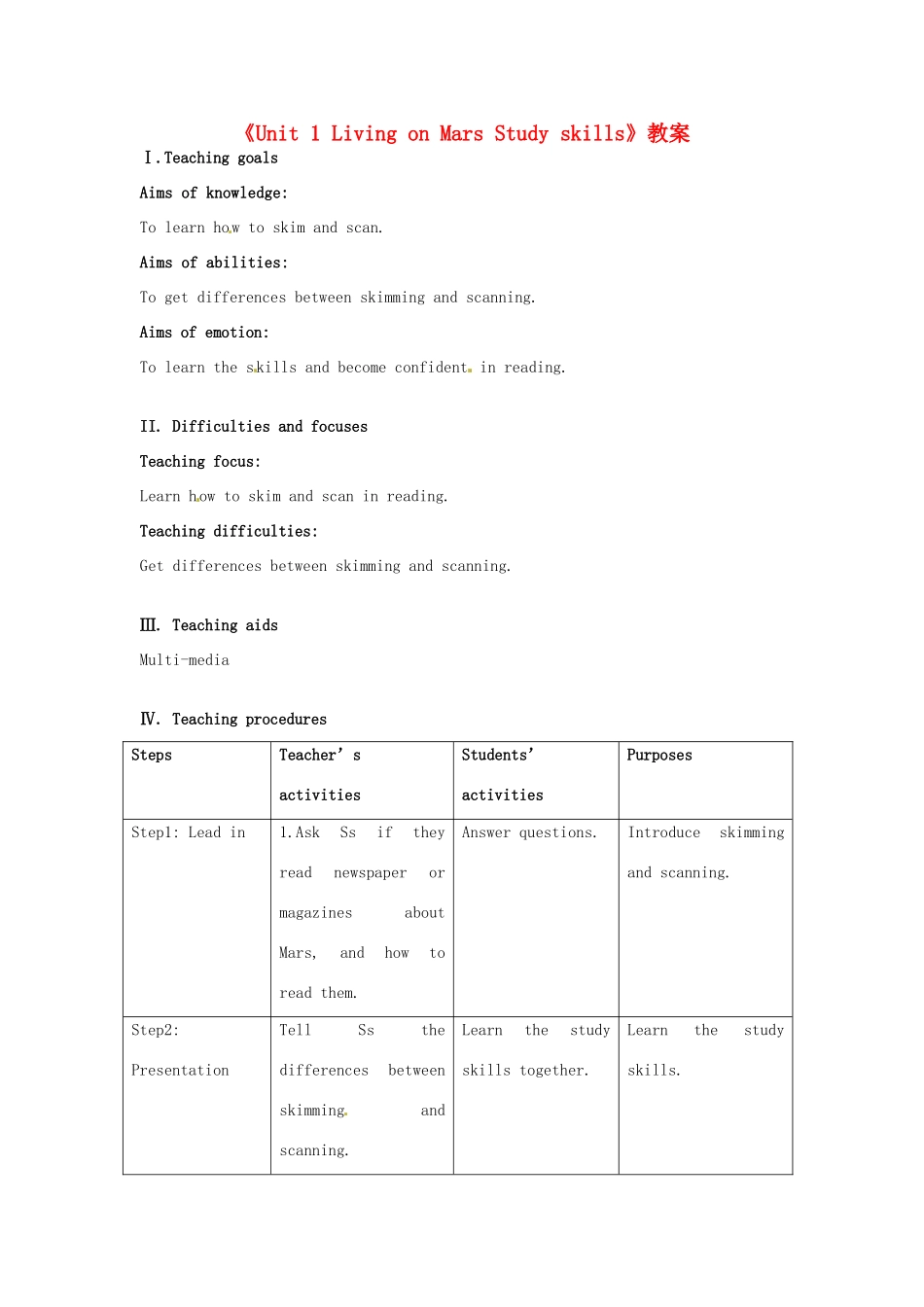 江苏省东台市唐洋镇中学九年级英语下册《Unit 1 Living on Mars Study skills》教案 牛津版_第1页