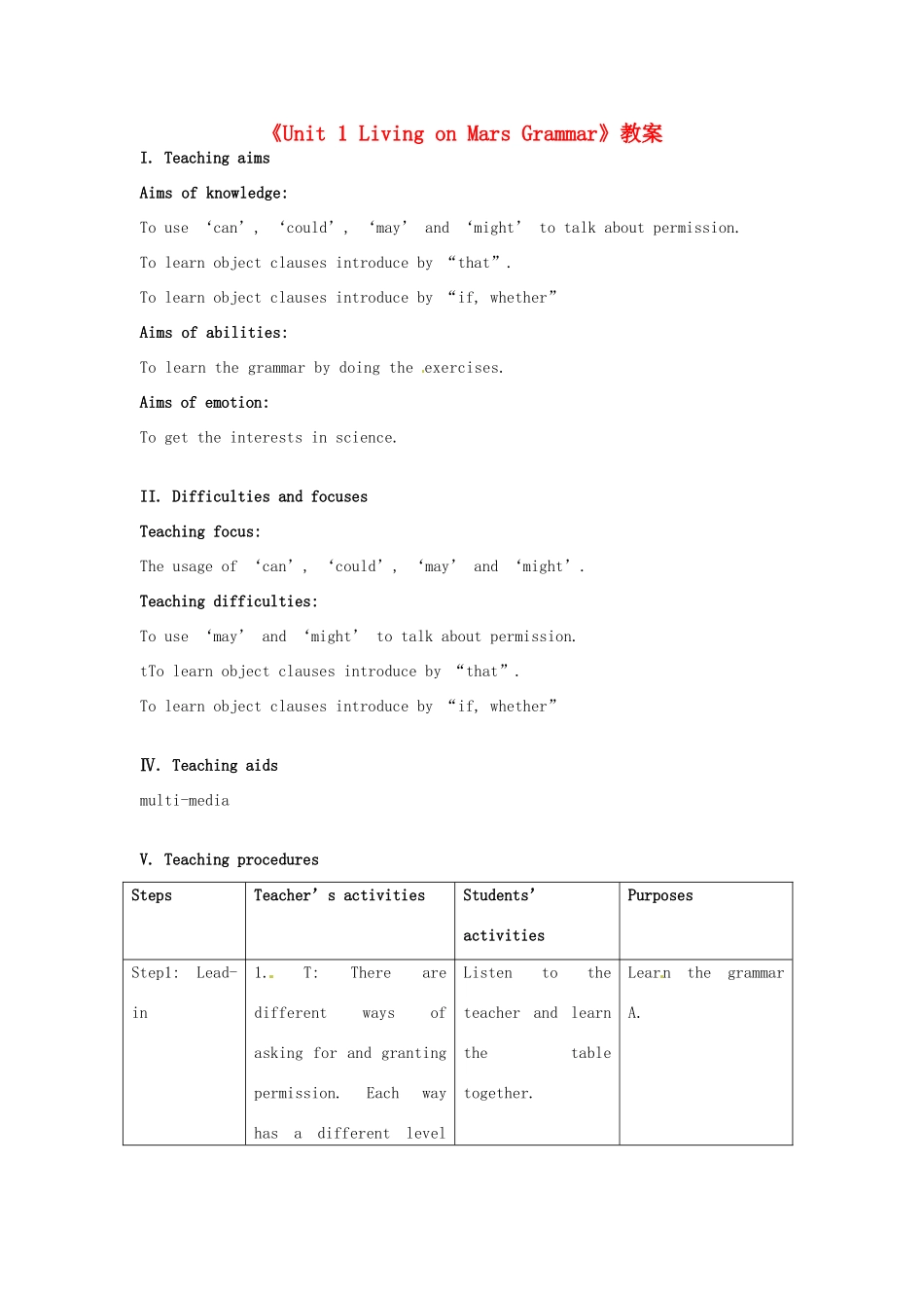 江苏省东台市唐洋镇中学九年级英语下册《Unit 1 Living on Mars Grammar》教案 牛津版_第1页