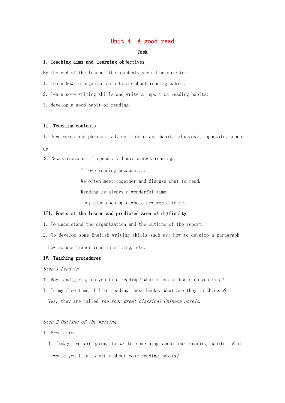 校八年级英语下册 Unit 4 A good read Task教案 （新版）牛津版-（新版）牛津版初中八年级下册英语教案_第1页