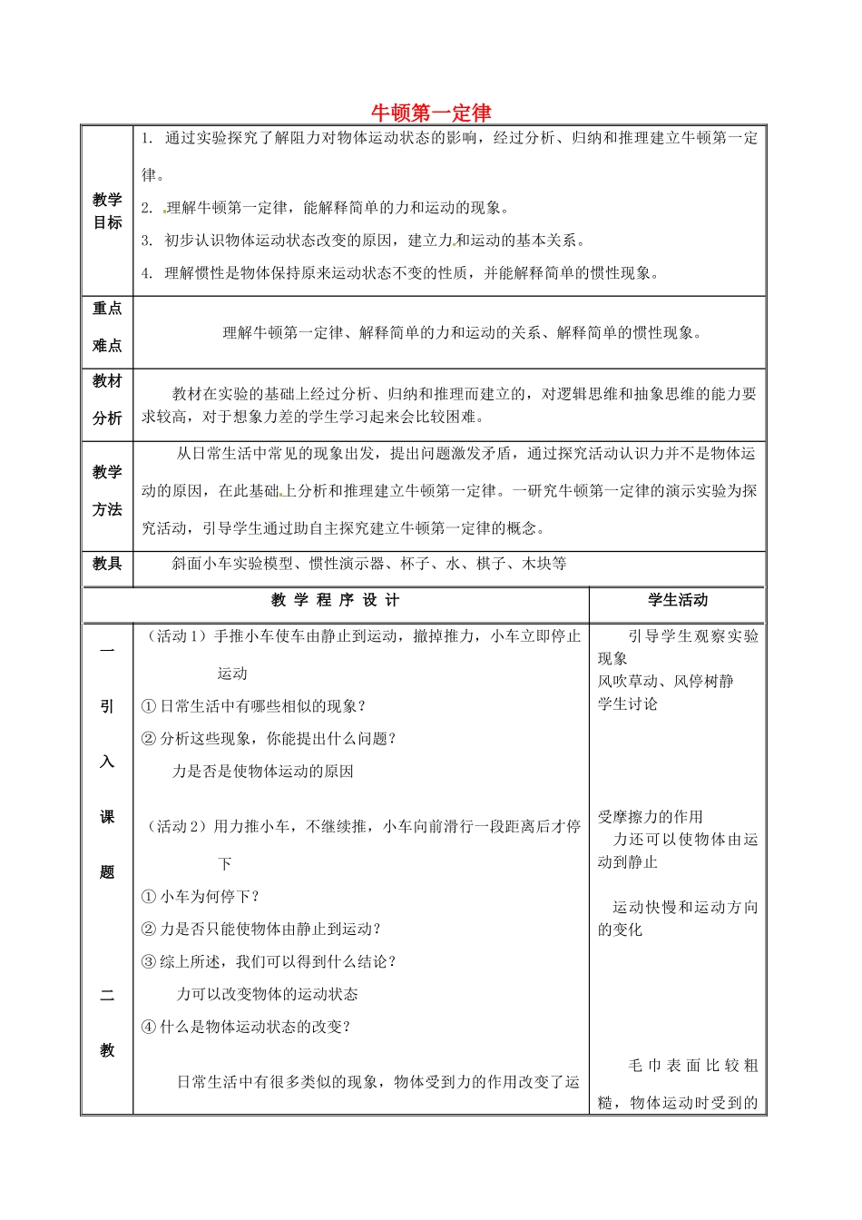 校八年级物理下册 9.2 牛顿第一定律教案 苏科版-苏科版初中八年级下册物理教案_第1页