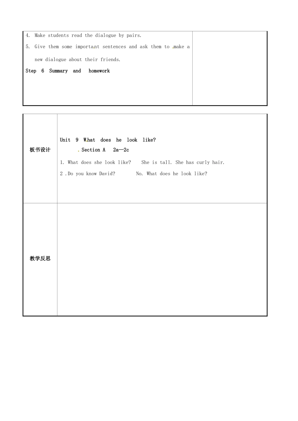 校七年级英语下册 Unit 9 What does he look like period 3教案 （新版）人教新目标版-（新版）人教新目标版初中七年级下册英语教案_第2页