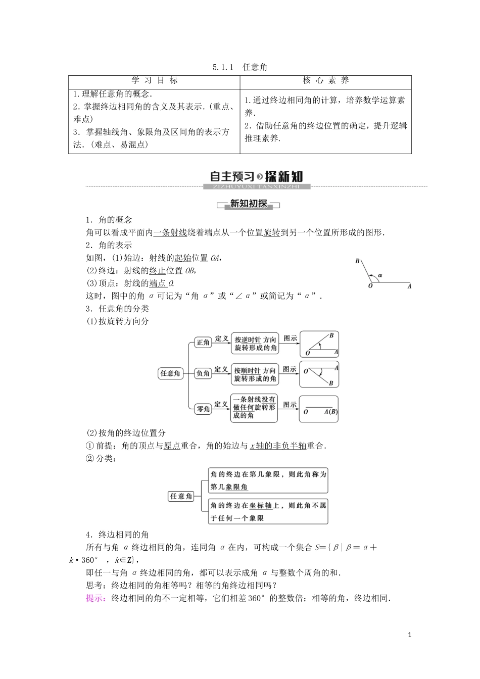 高中数学 第5章 三角函数 5.1.1 任意角讲义 新人教A版必修第一册-新人教A版高一第一册数学教案_第1页
