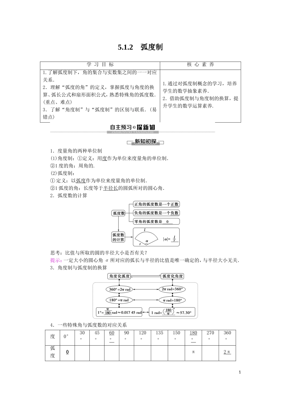 高中数学 第5章 三角函数 5.1.2 弧度制讲义 新人教A版必修第一册-新人教A版高一第一册数学教案_第1页