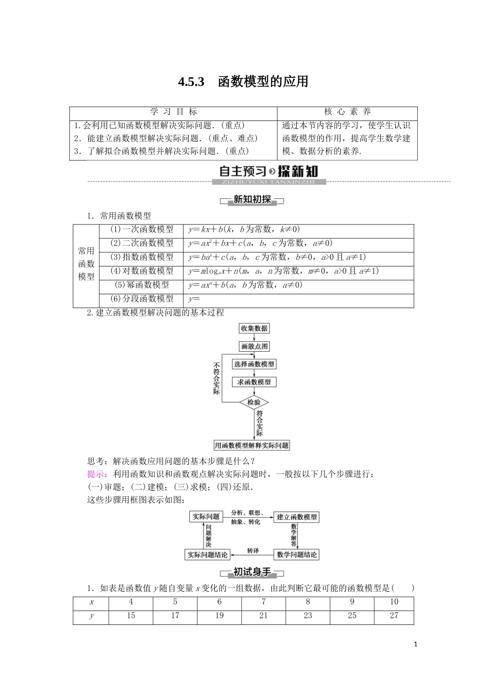 高中数学 第4章 指数函数与对数函数 4.5.3 函数模型的应用讲义 新人教A版必修第一册-新人教A版高一第一册数学教案_第1页
