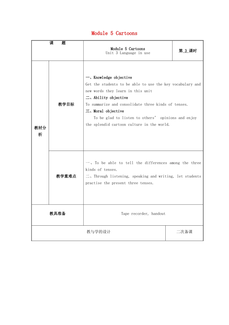 春八年级英语下册 Module 5 Cartoons Unit 3 Language in use教学设计 （新版）外研版-（新版）外研版初中八年级下册英语教案_第1页