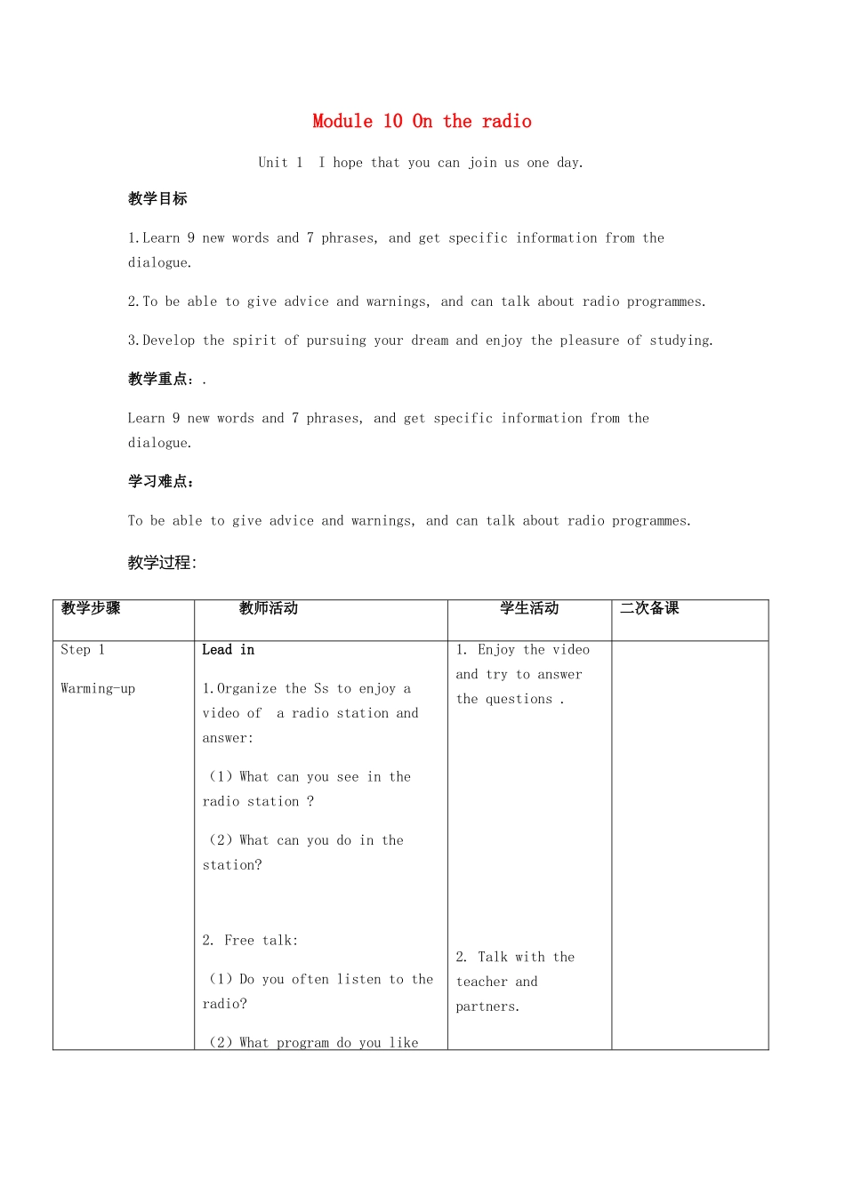春八年级英语下册 Module 10 Unit 1 I hope that you can join us one day教案 （新版）外研版-（新版）外研版初中八年级下册英语教案_第1页
